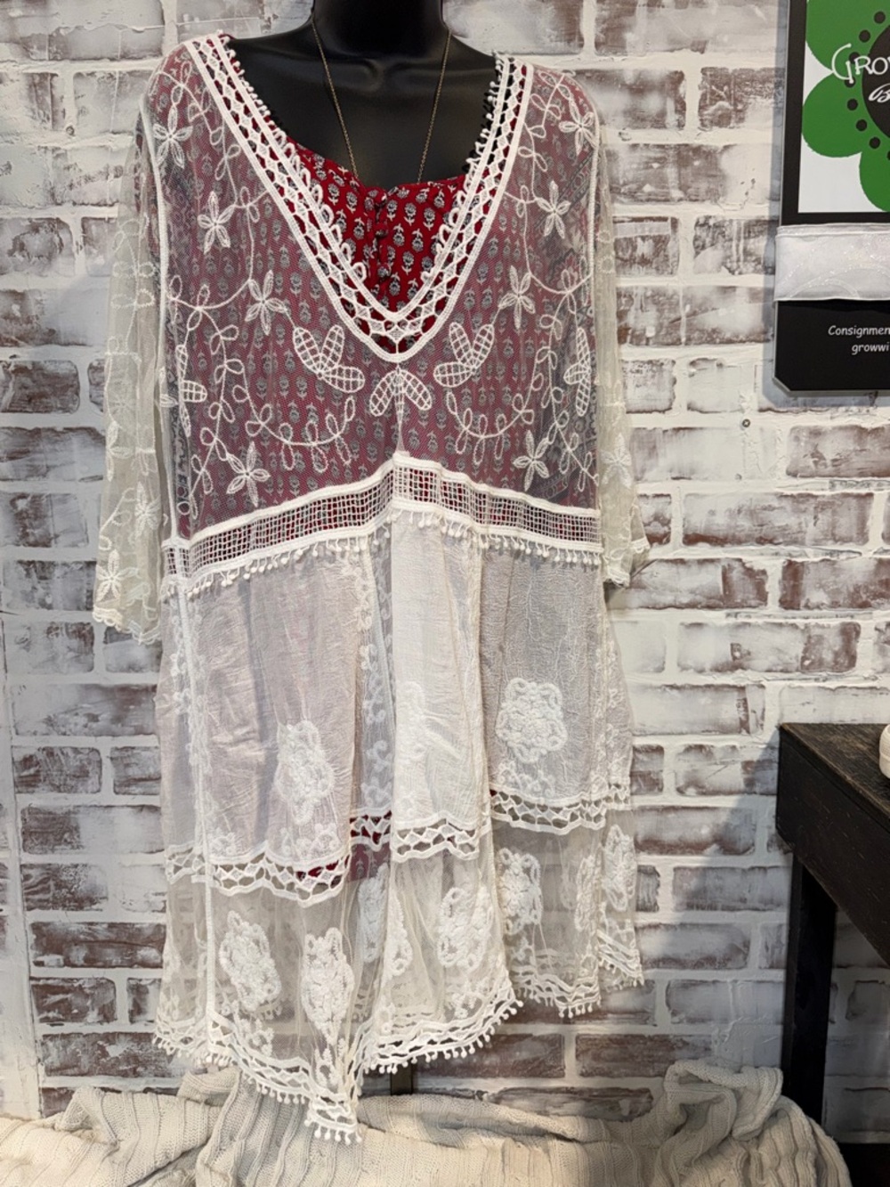 SHEIN White Lace Overlay Tunic with Red Inner Panel OS
